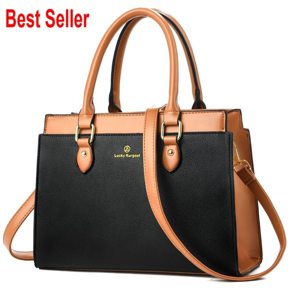 Faux Leather Dual-Tone Tote Purse with Adjustable Strap